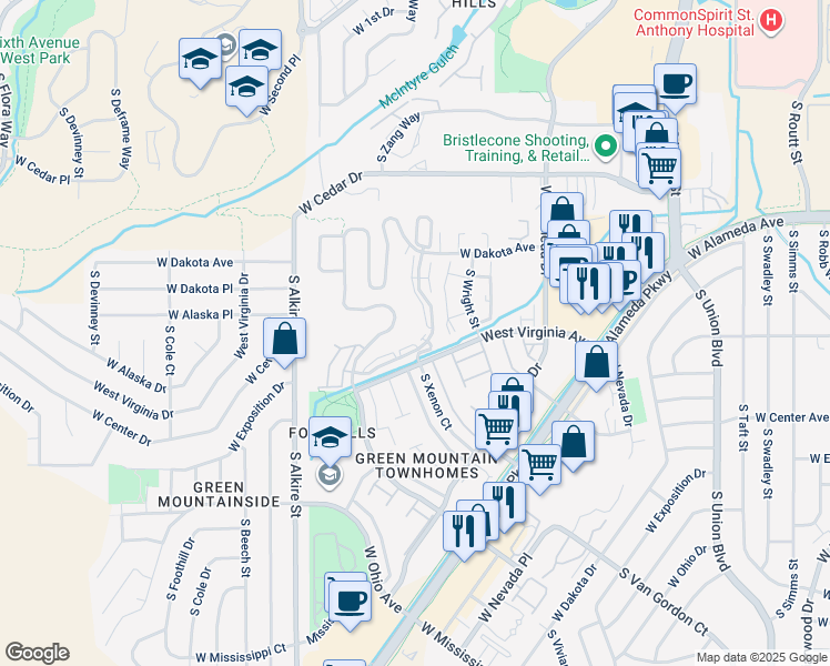 map of restaurants, bars, coffee shops, grocery stores, and more near 12598 West Dakota Avenue in Lakewood