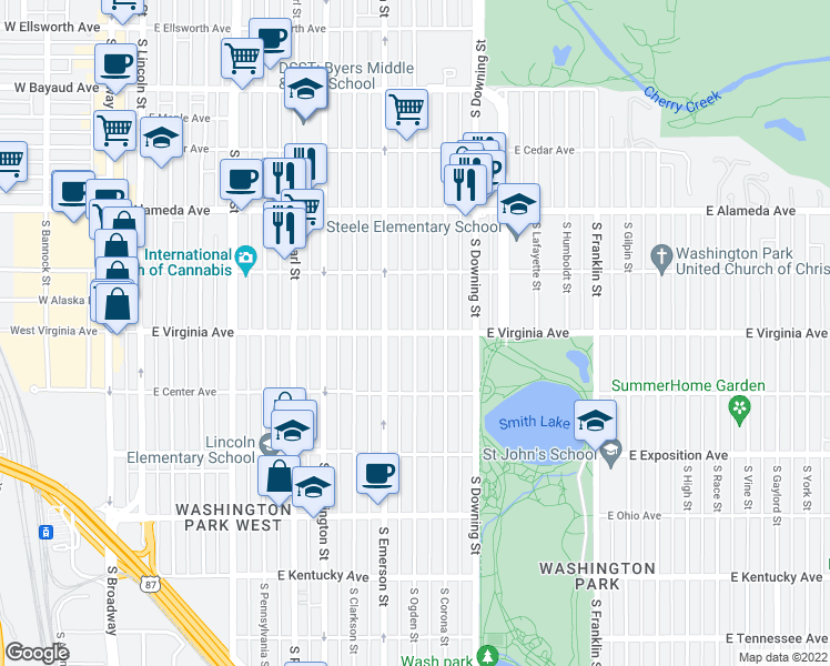 map of restaurants, bars, coffee shops, grocery stores, and more near South Ogden Street & East Virginia Avenue in Denver