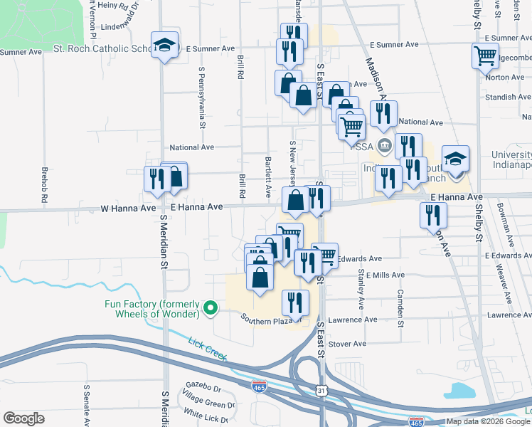map of restaurants, bars, coffee shops, grocery stores, and more near 4020 Hanna Village Drive in Indianapolis