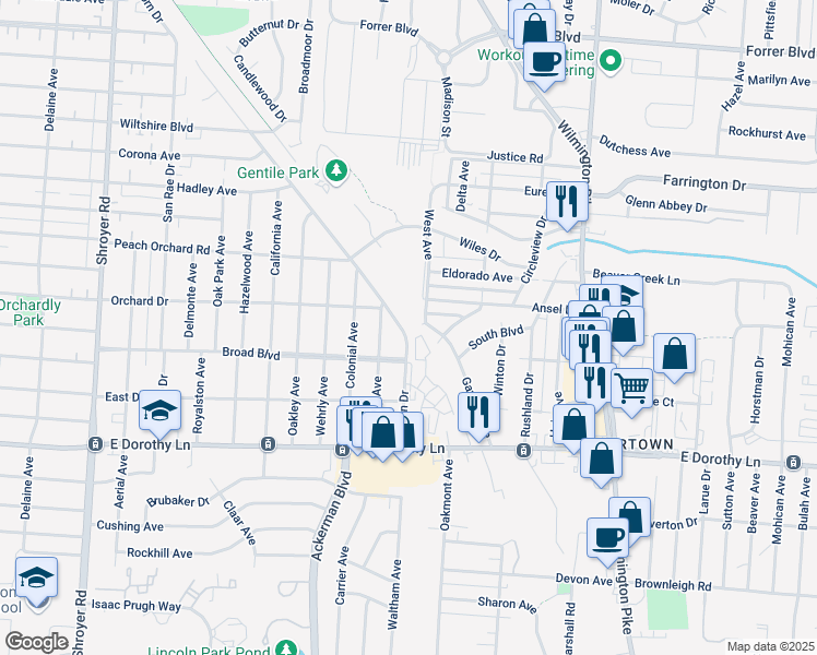 map of restaurants, bars, coffee shops, grocery stores, and more near 2724 Acorn Drive in Dayton