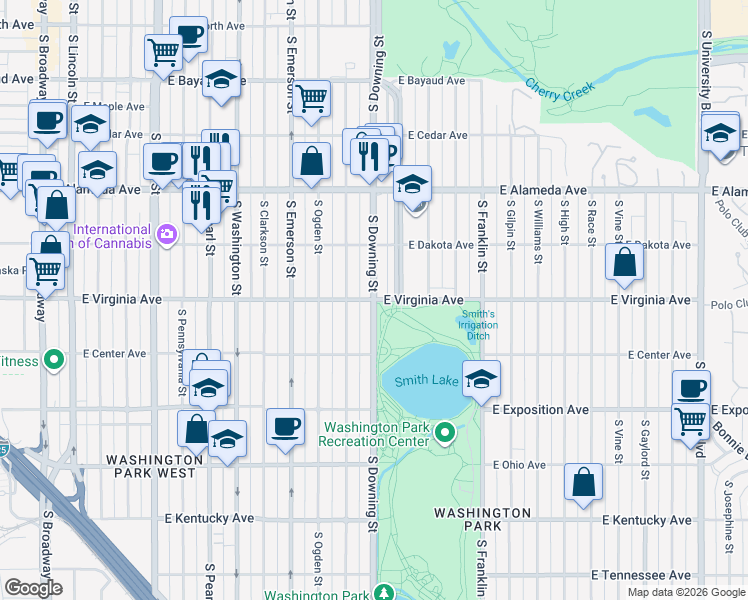 map of restaurants, bars, coffee shops, grocery stores, and more near S Downing St & E Virginia Ave in Denver