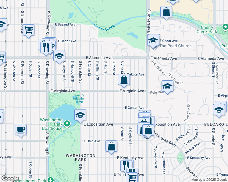 map of restaurants, bars, coffee shops, grocery stores, and more near S Race St & E Virginia Ave in Denver