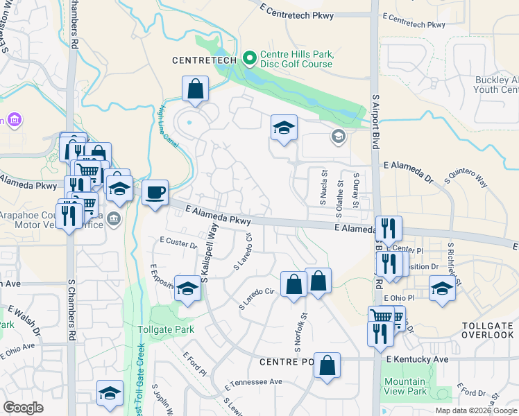 map of restaurants, bars, coffee shops, grocery stores, and more near 16103 East Alaska Place in Aurora