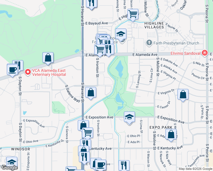 map of restaurants, bars, coffee shops, grocery stores, and more near 10779 East Virginia Avenue in Aurora