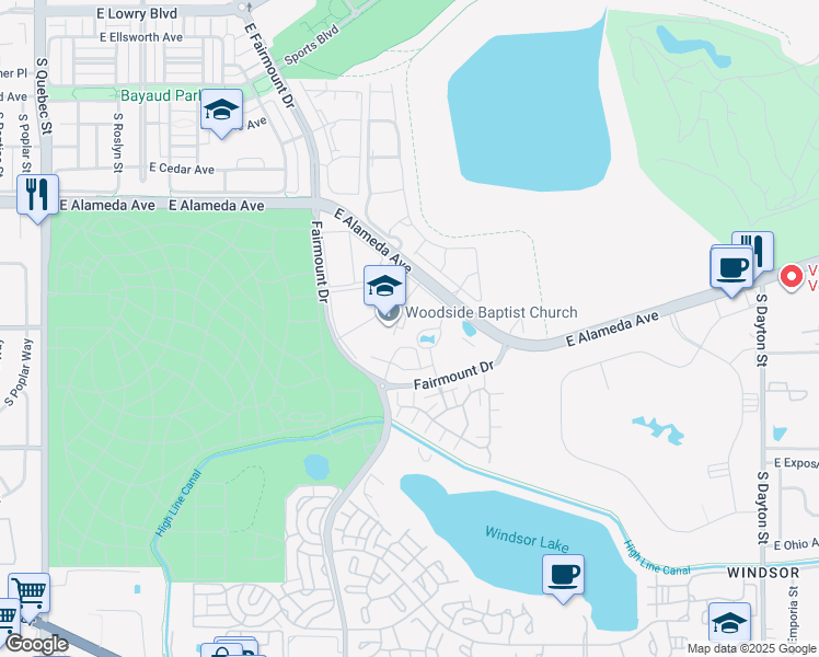 map of restaurants, bars, coffee shops, grocery stores, and more near 8600 East Alameda Avenue in Denver