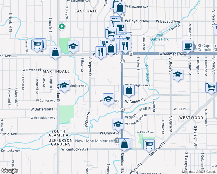 map of restaurants, bars, coffee shops, grocery stores, and more near 5335 West Virginia Avenue in Lakewood