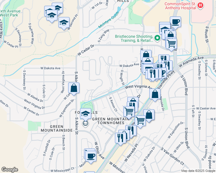 map of restaurants, bars, coffee shops, grocery stores, and more near 12596 West Dakota Avenue in Lakewood