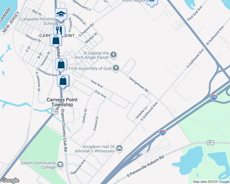 map of restaurants, bars, coffee shops, grocery stores, and more near 411 Ives Avenue in Carneys Point Township