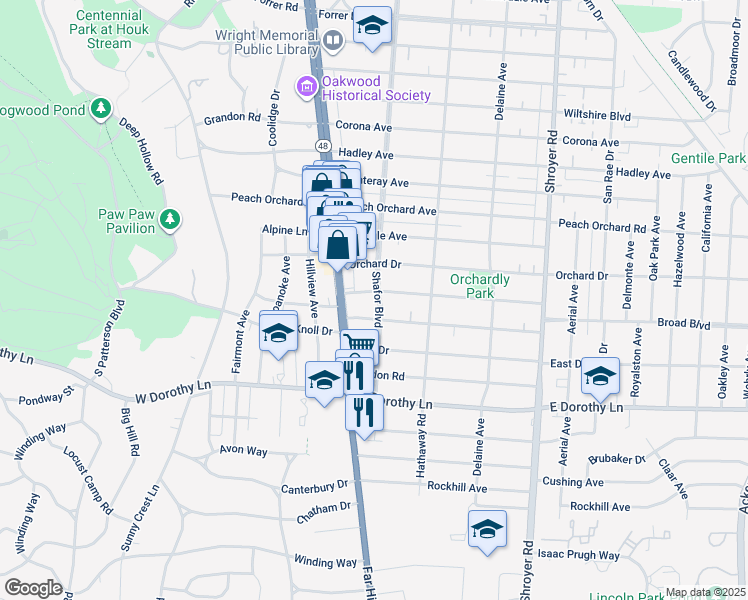 map of restaurants, bars, coffee shops, grocery stores, and more near 2519 Shafor Boulevard in Dayton