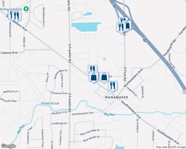 map of restaurants, bars, coffee shops, grocery stores, and more near 4146 South Bazil Avenue in Indianapolis