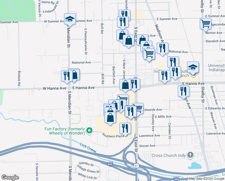 map of restaurants, bars, coffee shops, grocery stores, and more near 324 East Hanna Avenue in Indianapolis