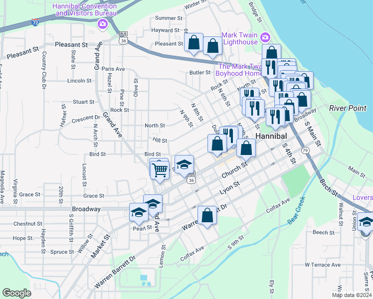 map of restaurants, bars, coffee shops, grocery stores, and more near 1001 Hill Street in Hannibal