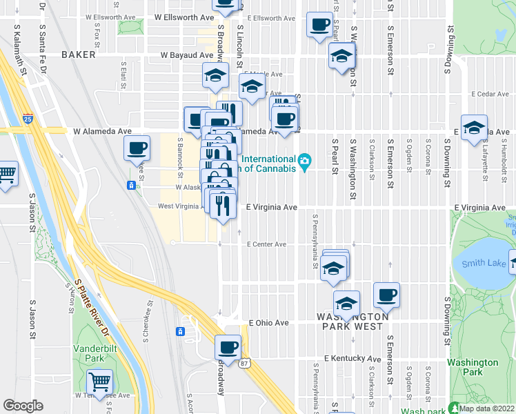 map of restaurants, bars, coffee shops, grocery stores, and more near South Sherman Street & East Virginia Avenue in Denver