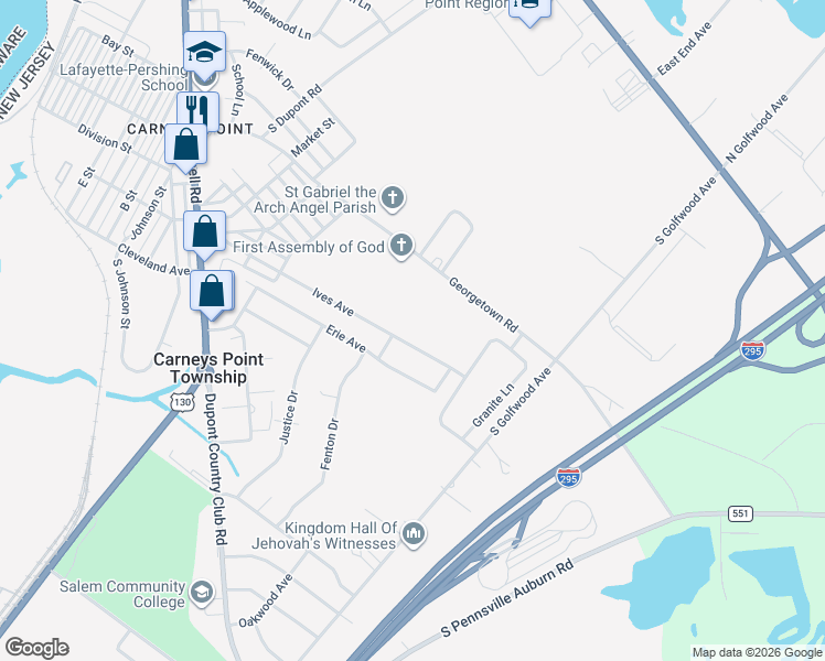 map of restaurants, bars, coffee shops, grocery stores, and more near 411 Ives Avenue in Carneys Point Township