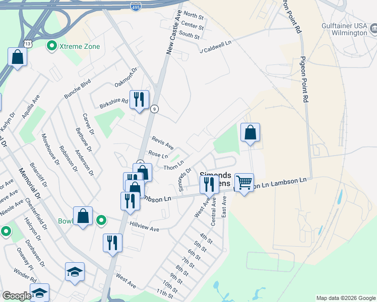 map of restaurants, bars, coffee shops, grocery stores, and more near 103 Rose Lane in New Castle