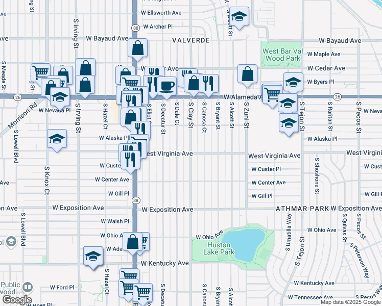 map of restaurants, bars, coffee shops, grocery stores, and more near 499 South Clay Street in Denver
