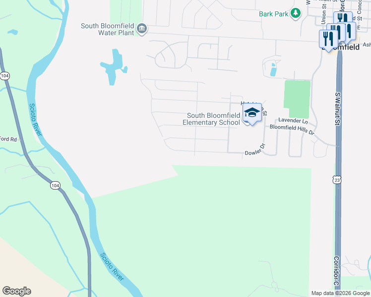 map of restaurants, bars, coffee shops, grocery stores, and more near 325 Honeysuckle Road in South Bloomfield
