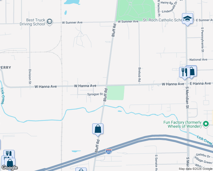 map of restaurants, bars, coffee shops, grocery stores, and more near Bluff Rd & W Hanna Ave in Indianapolis