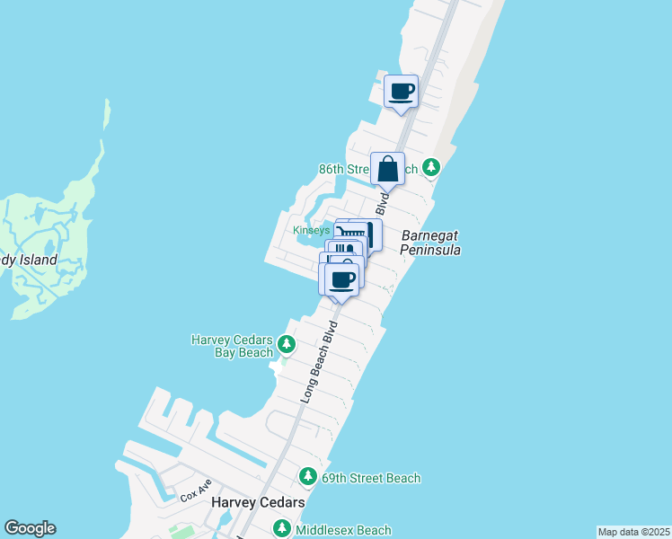 map of restaurants, bars, coffee shops, grocery stores, and more near 8004 Anchor Street in Harvey Cedars