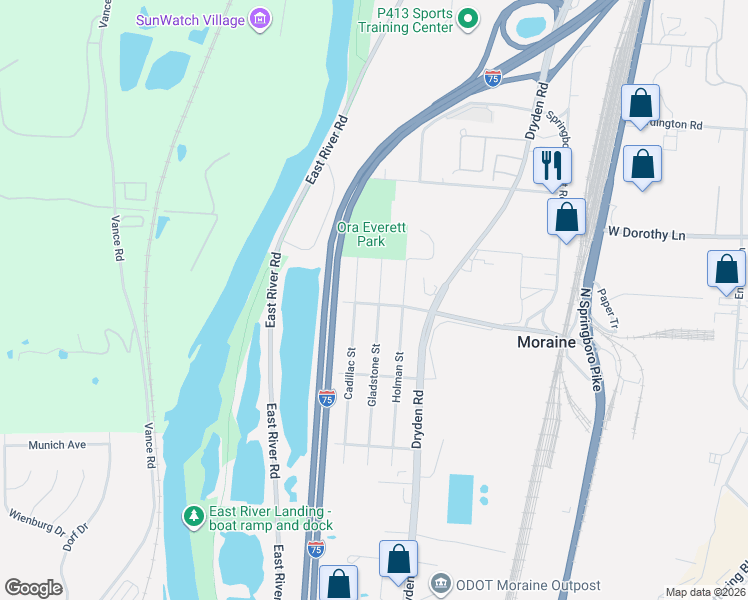 map of restaurants, bars, coffee shops, grocery stores, and more near 2628 Gladstone Street in Moraine