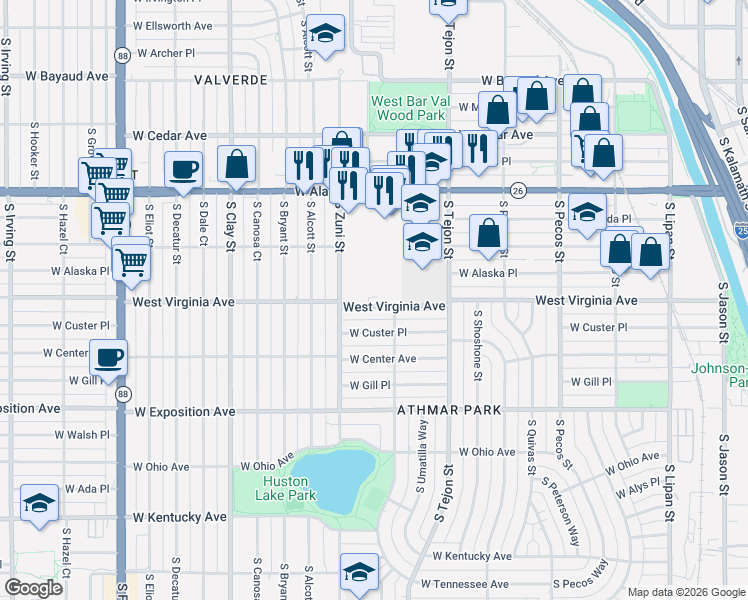 map of restaurants, bars, coffee shops, grocery stores, and more near 2315 West Virginia Avenue in Denver