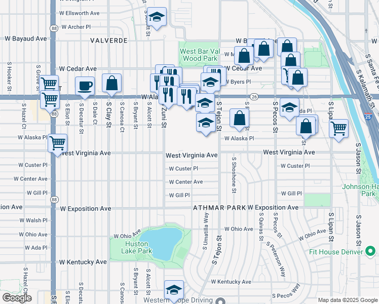 map of restaurants, bars, coffee shops, grocery stores, and more near 2201 West Virginia Avenue in Denver