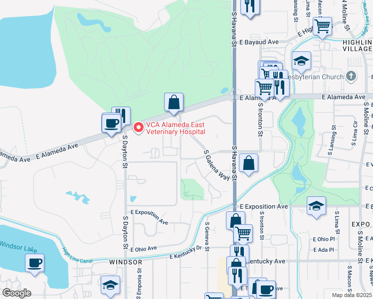 map of restaurants, bars, coffee shops, grocery stores, and more near 425 South Galena Way in Denver
