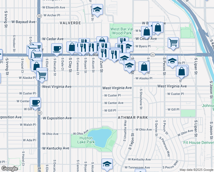 map of restaurants, bars, coffee shops, grocery stores, and more near 2375 West Virginia Avenue in Denver