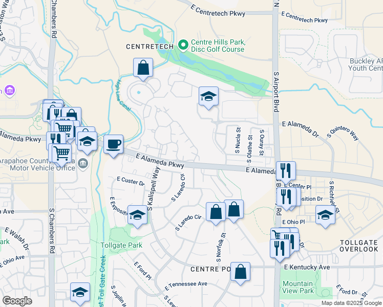 map of restaurants, bars, coffee shops, grocery stores, and more near 477 South Memphis Way in Aurora