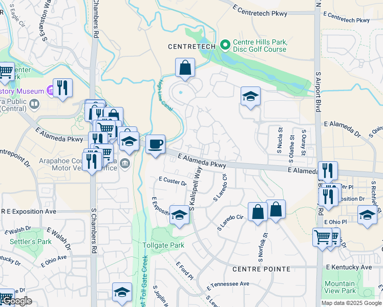 map of restaurants, bars, coffee shops, grocery stores, and more near 481 South Kalispell Way in Aurora