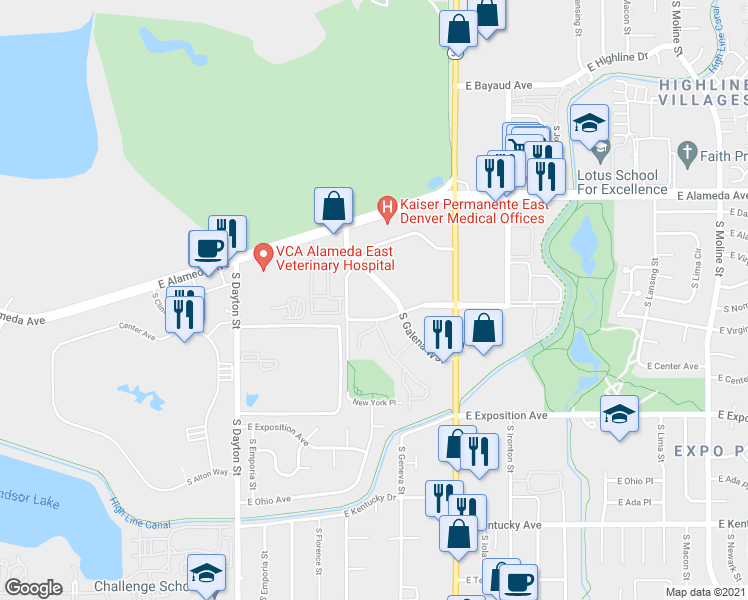 map of restaurants, bars, coffee shops, grocery stores, and more near 0 Highway 2 in Denver