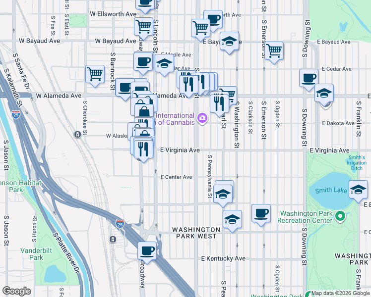 map of restaurants, bars, coffee shops, grocery stores, and more near 466 South Grant Street in Denver