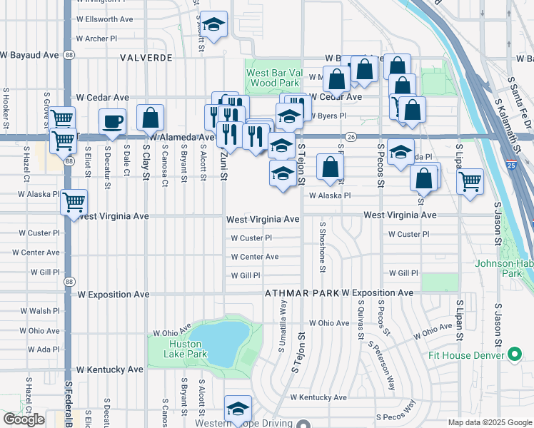 map of restaurants, bars, coffee shops, grocery stores, and more near 2201 West Virginia Avenue in Denver
