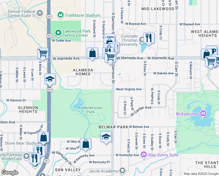 map of restaurants, bars, coffee shops, grocery stores, and more near 9203 West Virginia Drive in Lakewood