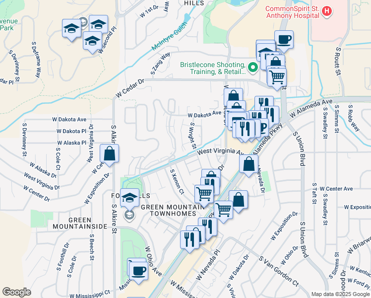 map of restaurants, bars, coffee shops, grocery stores, and more near 485 South Wright Street in Lakewood