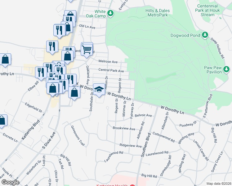 map of restaurants, bars, coffee shops, grocery stores, and more near 1324 Southlyn Drive in Dayton