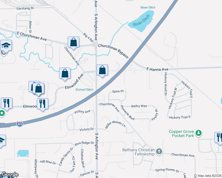 map of restaurants, bars, coffee shops, grocery stores, and more near 6122 Spire Place in Indianapolis