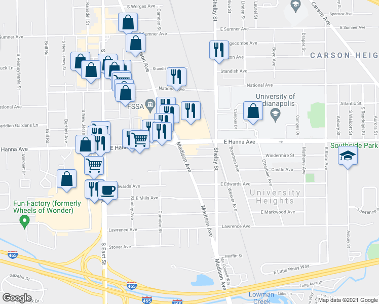 map of restaurants, bars, coffee shops, grocery stores, and more near 4001 Madison Avenue in Indianapolis