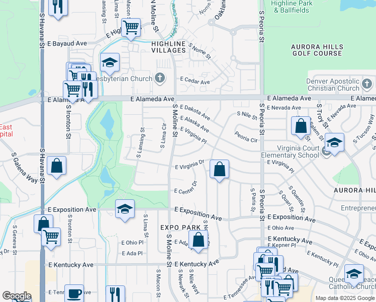map of restaurants, bars, coffee shops, grocery stores, and more near 453 South Nome Way in Aurora