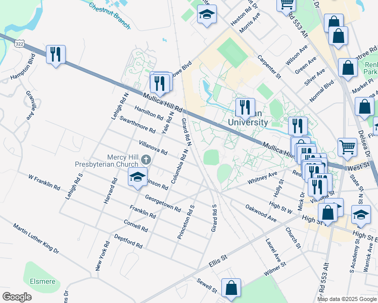 map of restaurants, bars, coffee shops, grocery stores, and more near 200 Swarthmore Road in Glassboro