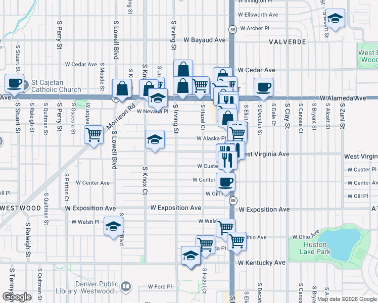 map of restaurants, bars, coffee shops, grocery stores, and more near 3211 West Virginia Avenue in Denver