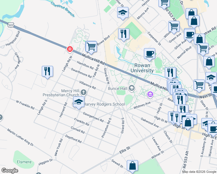 map of restaurants, bars, coffee shops, grocery stores, and more near 200 Swarthmore Road in Glassboro