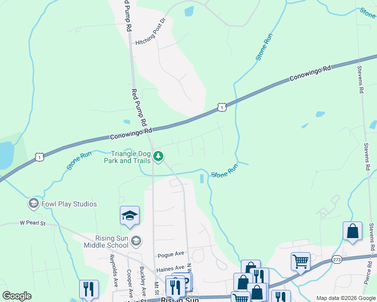map of restaurants, bars, coffee shops, grocery stores, and more near 54 North Hills Drive in Rising Sun