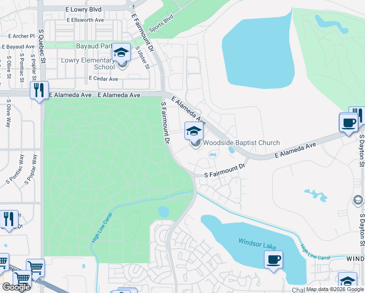 map of restaurants, bars, coffee shops, grocery stores, and more near 8335 Fairmount Drive in Denver
