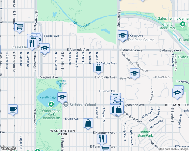 map of restaurants, bars, coffee shops, grocery stores, and more near 472 South Race Street in Denver