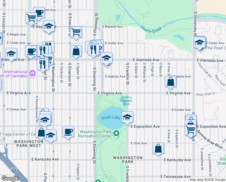 map of restaurants, bars, coffee shops, grocery stores, and more near 480 South Marion Parkway in Denver