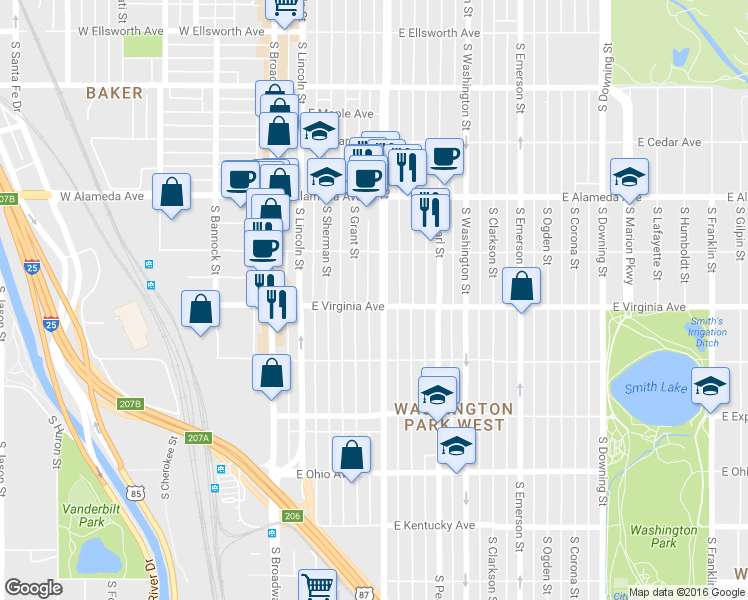 map of restaurants, bars, coffee shops, grocery stores, and more near 466 South Grant Street in Denver