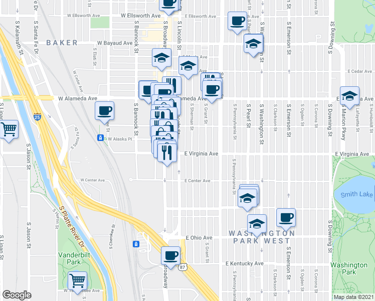 map of restaurants, bars, coffee shops, grocery stores, and more near 470 South Sherman Street in Denver