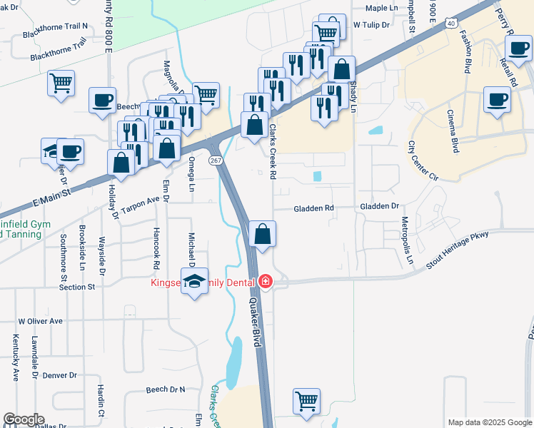 map of restaurants, bars, coffee shops, grocery stores, and more near 3818 County Road 850 East in Plainfield