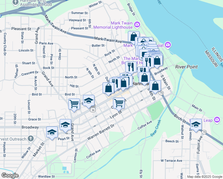 map of restaurants, bars, coffee shops, grocery stores, and more near 719 Center Street in Hannibal